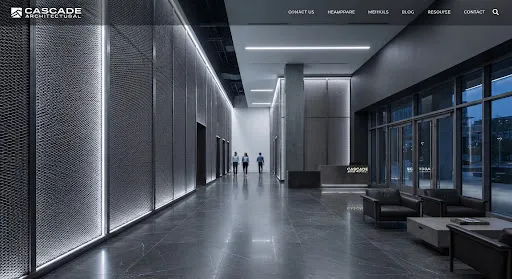 A futuristic commercial office lobby with massive backlit architectural mesh wall panels in a deep gunmetal finish.