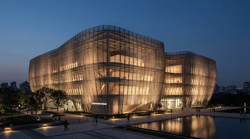 The exterior facade of a contemporary museum wrapped in a semi-transparent stainless steel mesh, glowing at dusk.