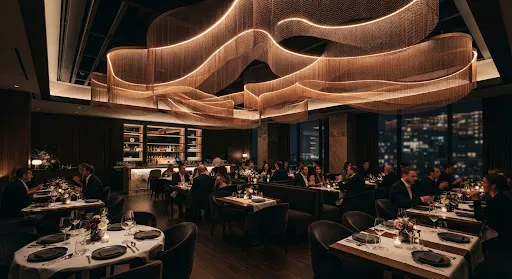 A luxury hotel dining area with cascading bronze mesh ceiling installations that diffuse the lighting into a warm, intimate atmosphere.