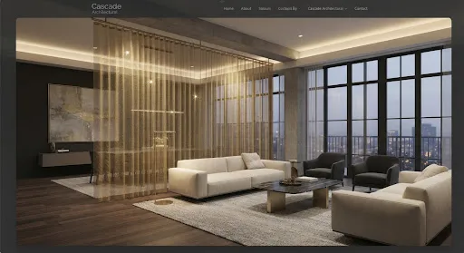 A modern luxury living room with a floor-to-ceiling gold architectural mesh curtain used as a subtle room divider.