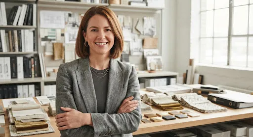 Portrait of a professional interior designer, a confident woman in her 30s wearing a grey linen blazer.