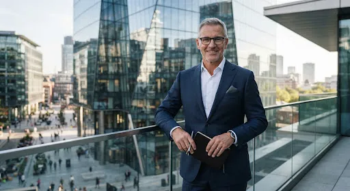 Portrait of a distinguished senior developer in his late 50s with grey hair, wearing a tailored navy suit.