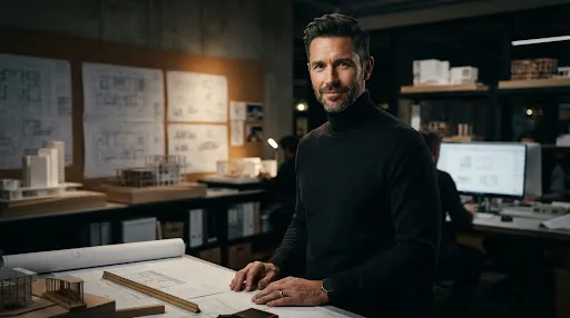 Portrait of a sophisticated architect in his 40s wearing a black turtleneck in a modern office.