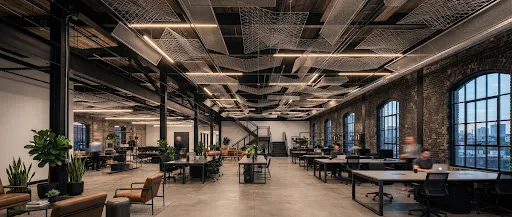 A wide panoramic view of a minimalist industrial loft featuring modular wire systems as hanging ceiling baffles above raw brick walls and black steel beams.