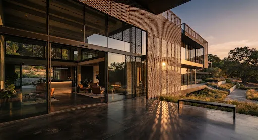 A high-end architectural interior with expansive glass walls and intricate bronze mesh screens during golden hour, warm sunrays filtering through the textured metal onto a polished concrete floor.