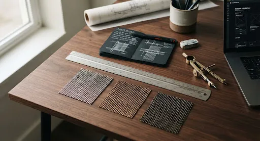 A close-up of architectural tools — a metal ruler, a drafting compass, and small samples of metal mesh weave on a dark wood desk.