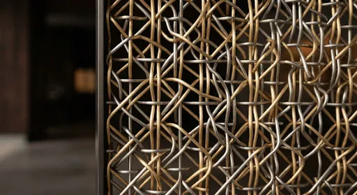 Close-up of a Liora Mesh Partition panel: a sophisticated weave of brushed gold and stainless steel wires interlocking in a geometric pattern with a soft satin finish.
