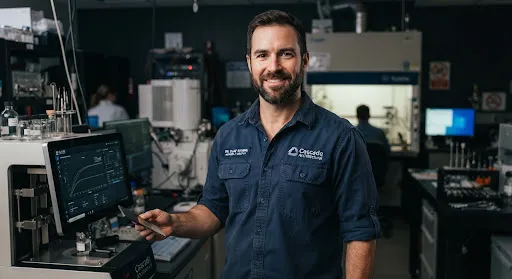 Portrait of a male material scientist in a dark blue utility shirt in a laboratory with high-tech machinery.