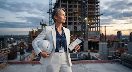 Portrait of a senior female structural engineer in a white suit on a construction site with a high-rise framework behind her.