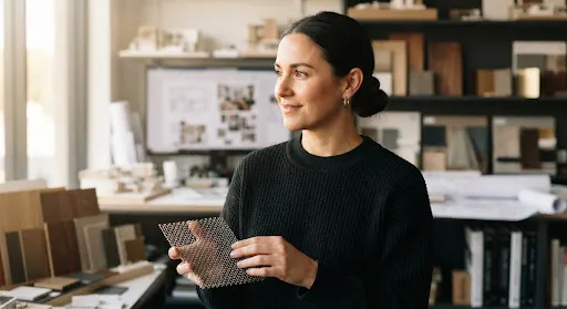 Portrait of a female interior architect in a black jumper holding a small metal mesh sample in a bright studio.